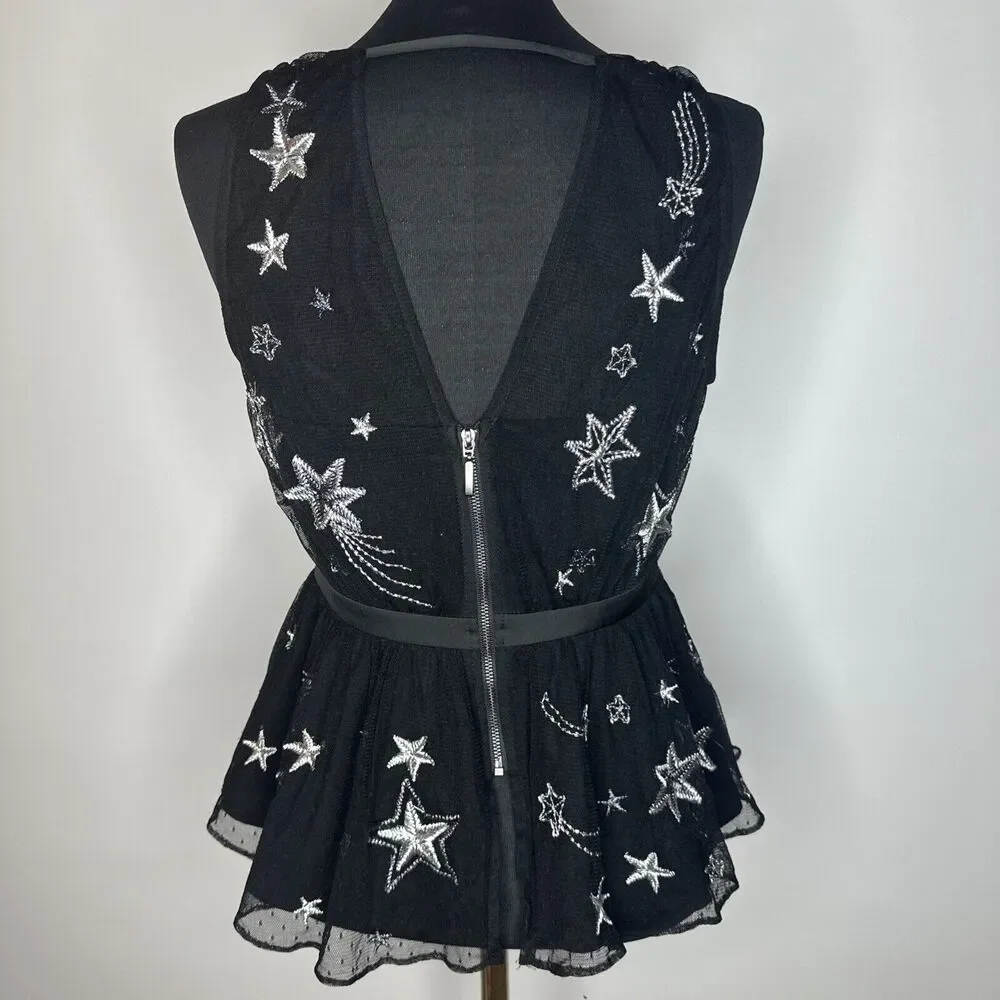 Vintage Express Embroidered Star Black Peplum VNeck Sheer Tank Rhinestones Sz 4 - Picture 2 of 13